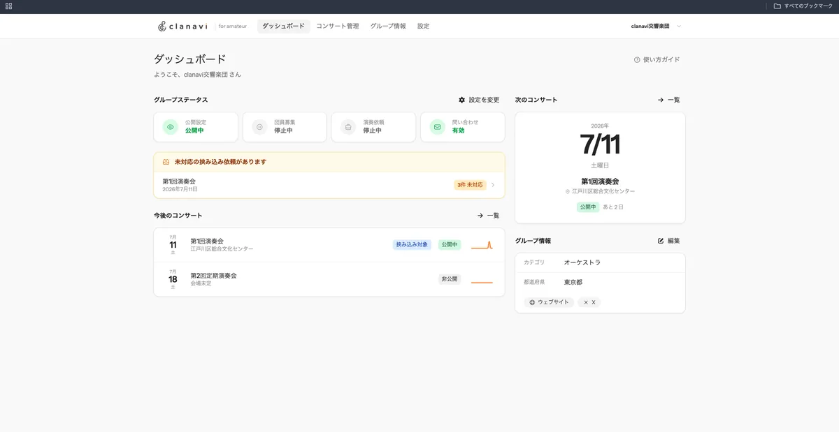 団体向け管理画面のダッシュボード